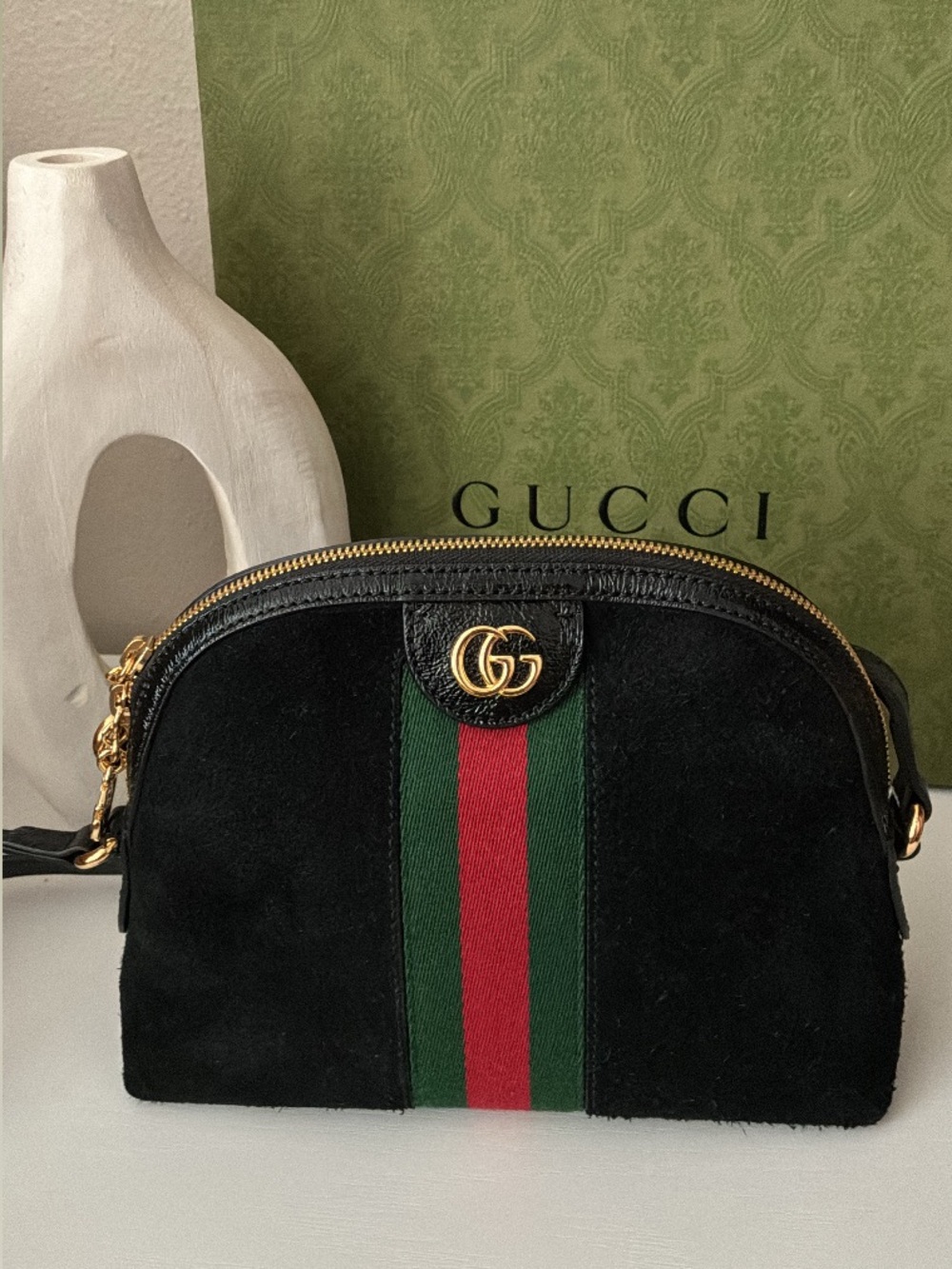 Gucci Black Suede Crossbody with Green-Red Web Stripe